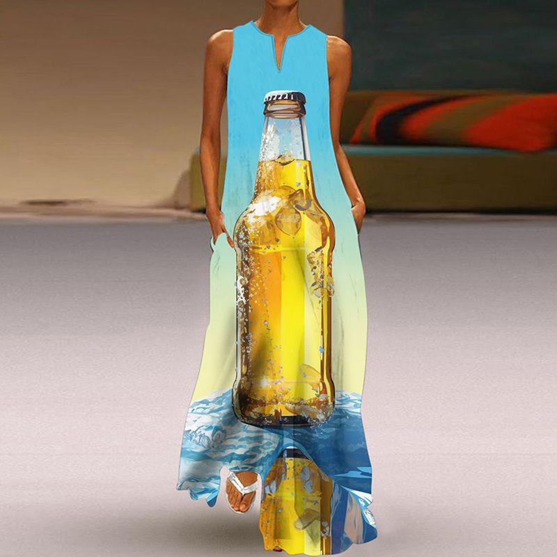 Fashion Plus Size Fancy Dress 3D Print Fashion V Neck Pocket Long Dress Large Swing Sexy Sleeveless Beach Dress