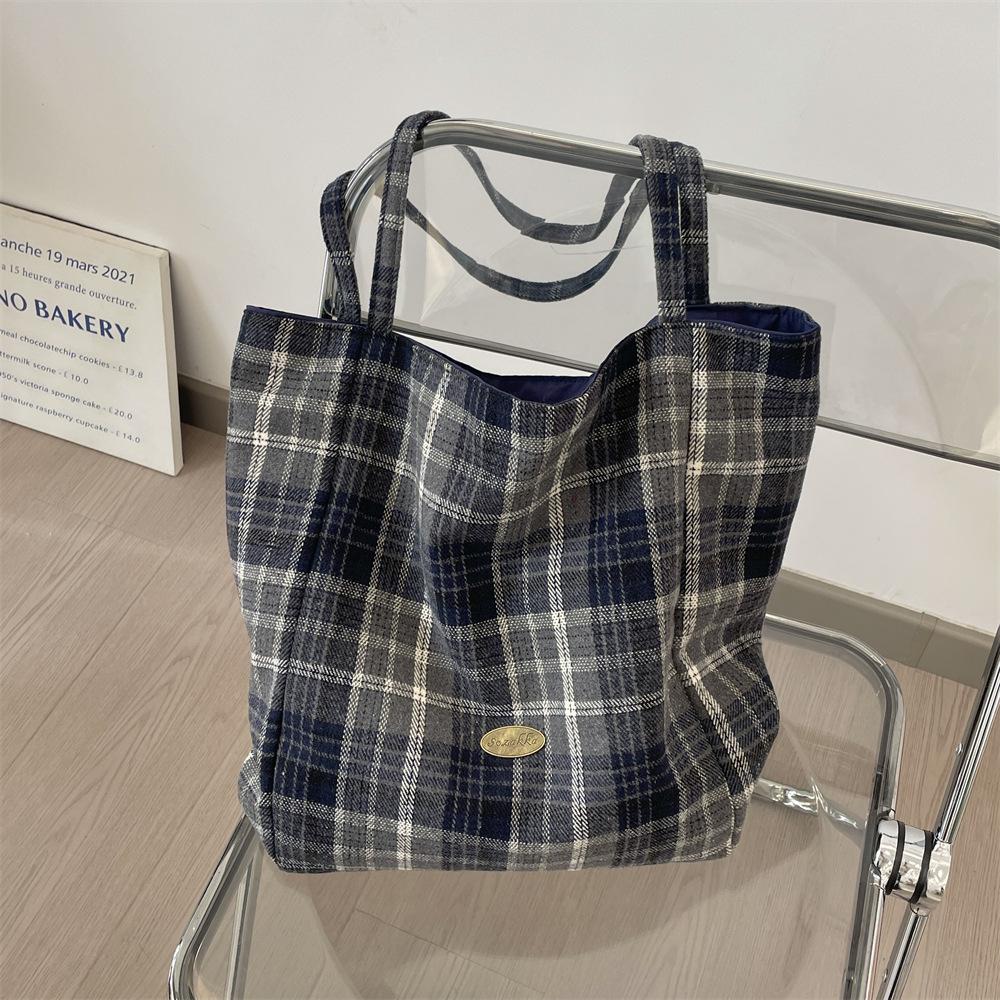Woolen plaid retro handbag large capacity versatile shoulder bag college student double-sided backpack
