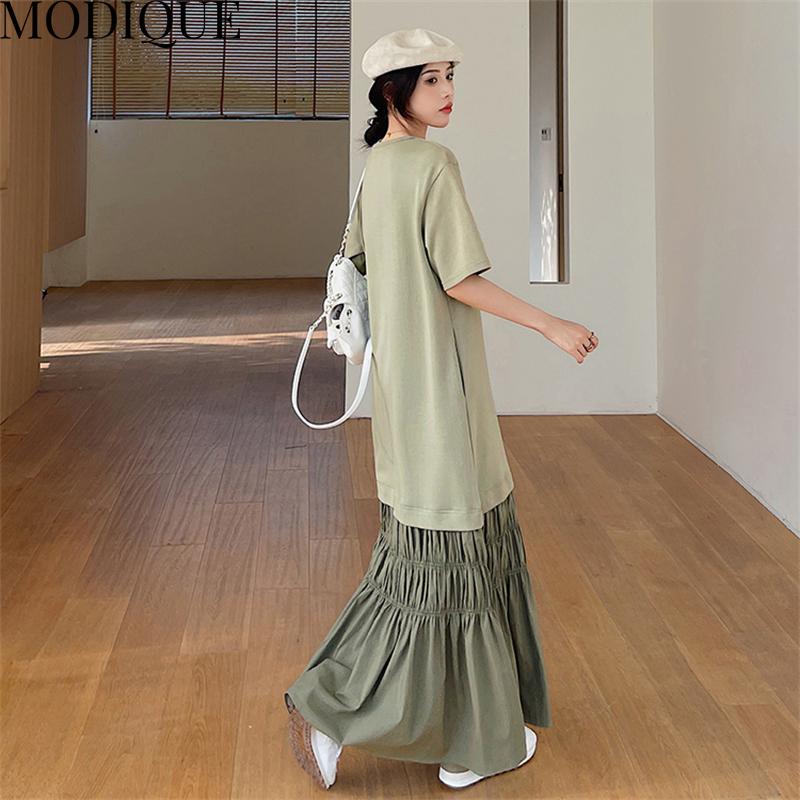 MODIQUE Summer Plus Size Women Loose Casual Patchwork Pleated Cotton Extended Length T-Shirt Long Dresses Female Oversize Short Sleeve O-Neck Dresses