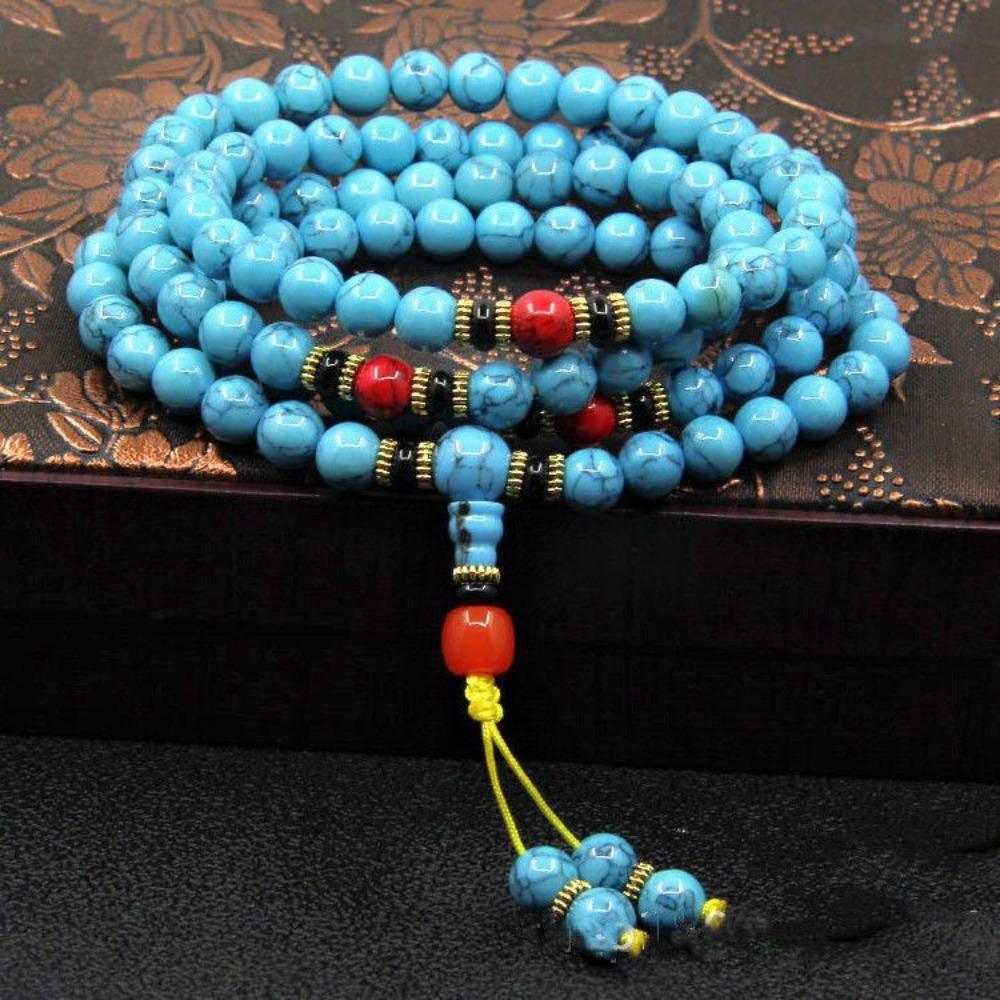 108 Pietre Grezze di Turchese Puro Naturale, Braccialetti Multistrato, Collane, Braccialetti Lunghi Nuovi Cinesi, Gioielli Tibetani.