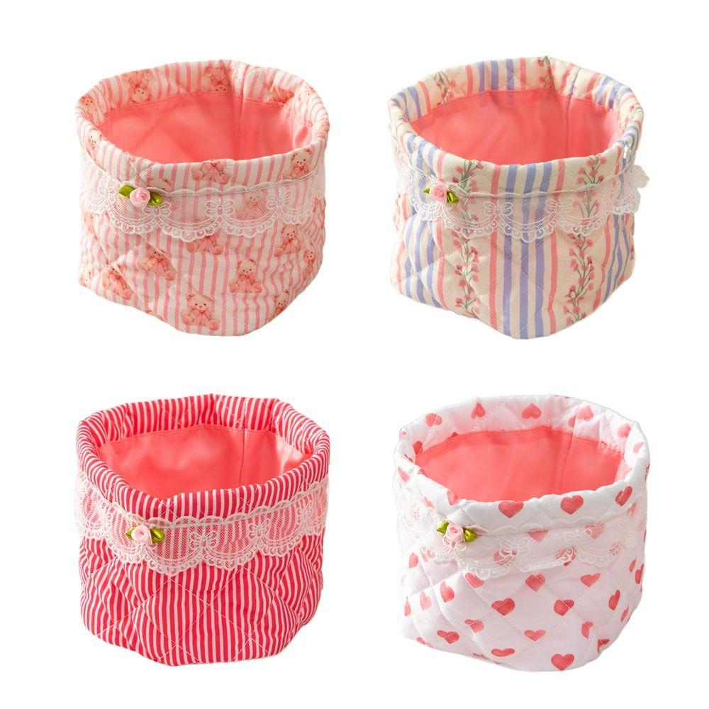 Durable Quilting Cotton Desktop Storage Basket Lace Bowknot Decor Large-capacity Storage Box Round Organizer Desktop
