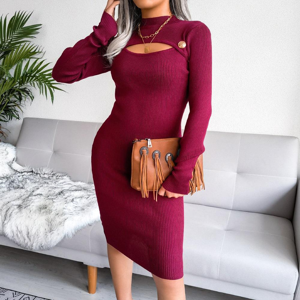 Autumn and Winter Sexy Hollow Hip Skirt Knitted Dress