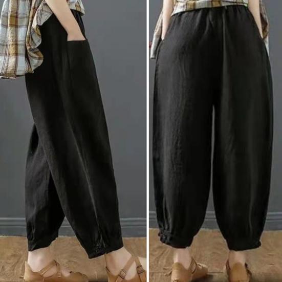 Lantern Pants Summer Elastic Waist Solid Color Cotton Linen Dual Pockets Ankle Length Loose Fit Women Harem Baggy Trousers Daily Wear
