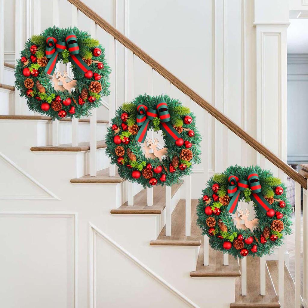 Christmas Pine Needle Reindeer Wreath with Colored Balls and Bow – Wooden Door Hanging Ornament