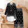 Music Note Print Two Piece Outfit Women Long Sleeve Irregular Hem Tunic Top Wide Leg Pants Casual Matching Set