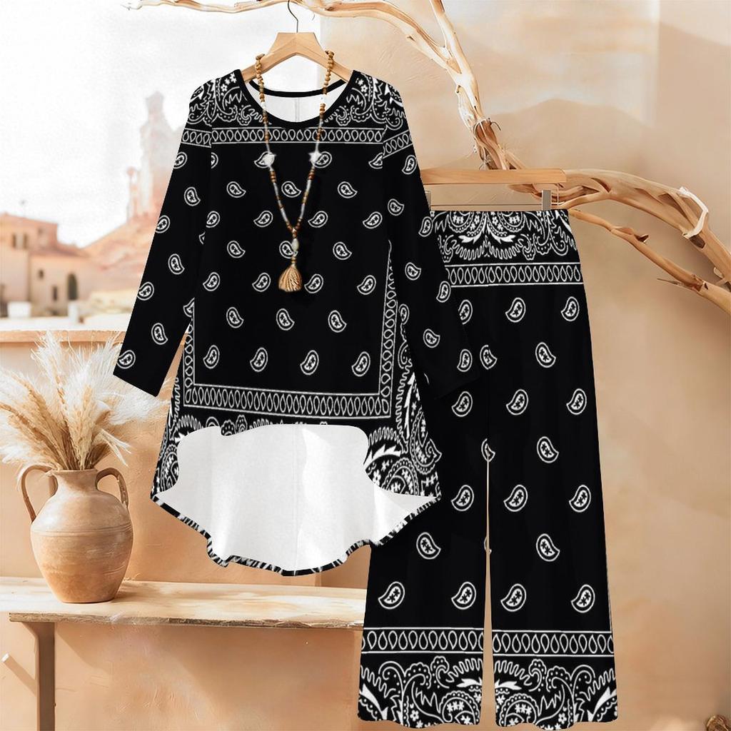 Music Note Print Two Piece Outfit Women Long Sleeve Irregular Hem Tunic Top Wide Leg Pants Casual Matching Set
