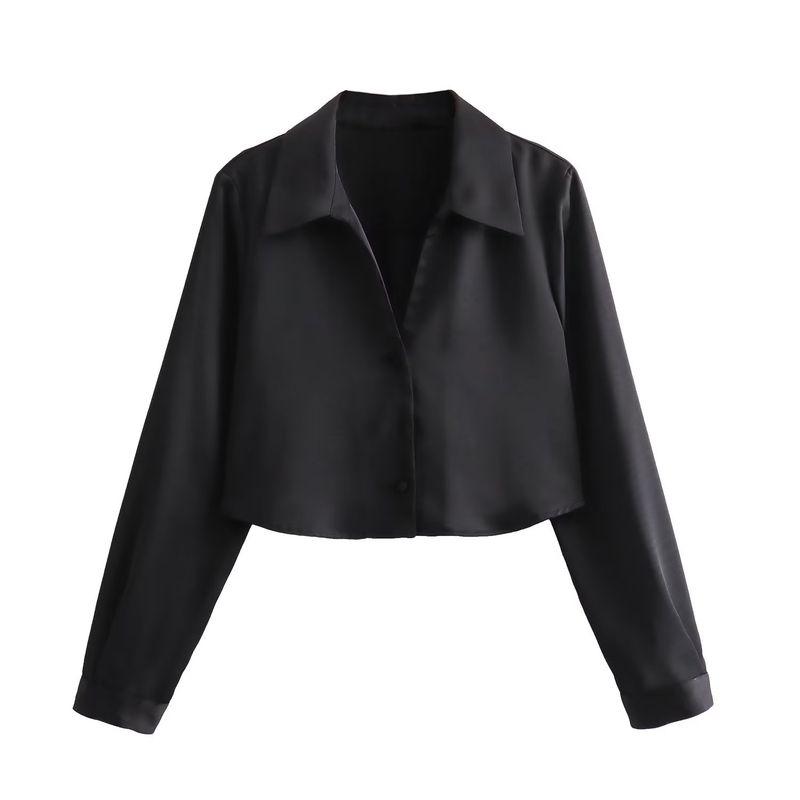 

Kaslead Fashion Style Silk Satin Texture Short Shirt Black M