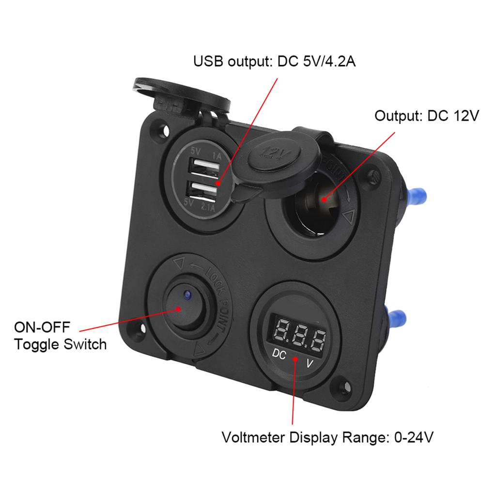 12V 4 Gang LED Toggle   Panel Cigarette Lighter Voltmeter Dual USB 4.2A for Car Boat Red