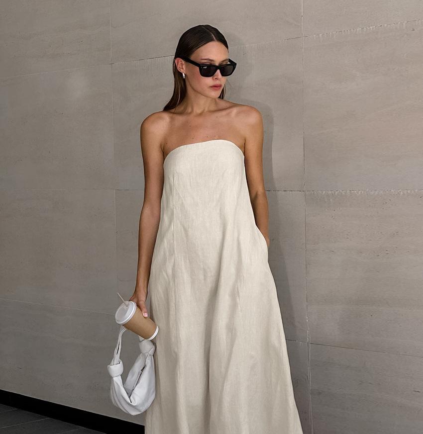 LYRIA French Khaki Cotton Linen Strapless Vacation Style High-waist Dress Backless European and American Summer New Style Long Dress for Women