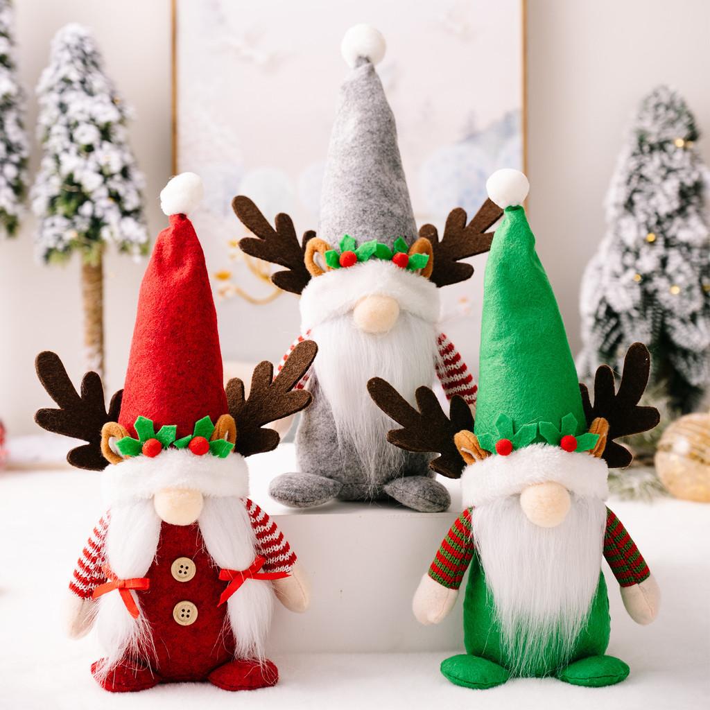 And Adorable Festive Plush Rudolf Gnome With Antlers And Colorful Pointed Hats For Christmas
