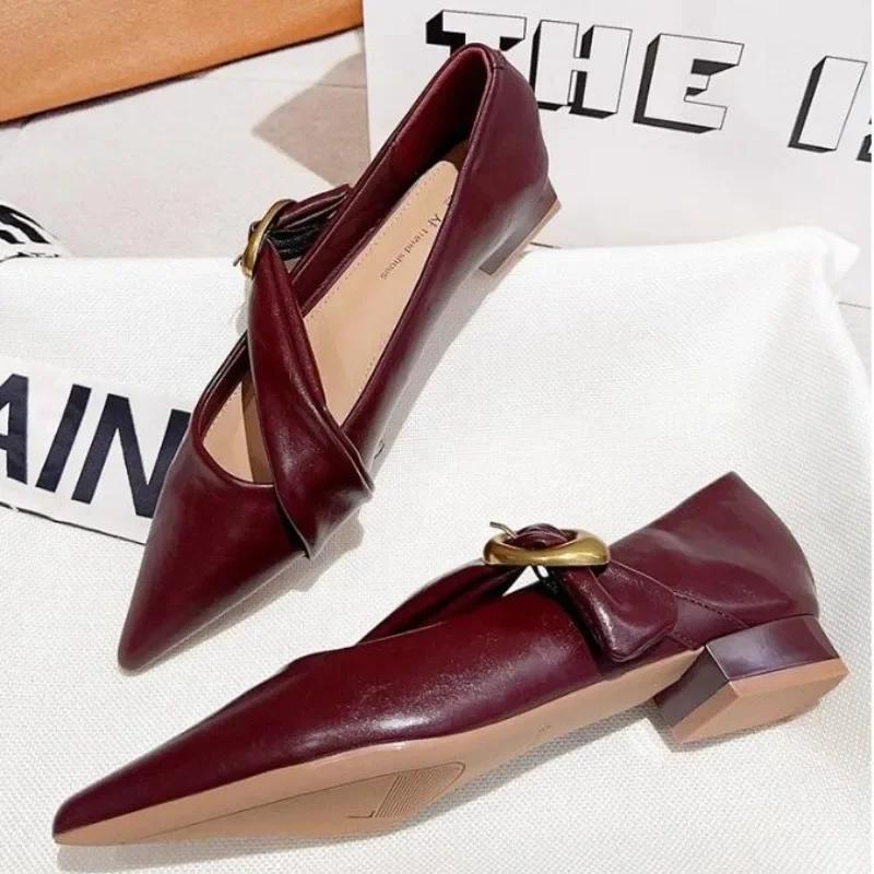 Pointed Toe Women Chunky Shallow Leather Elegant Heels Shoes Trend Fashion Spring Designer Party Dress Sandals New Mujer Zapatos
