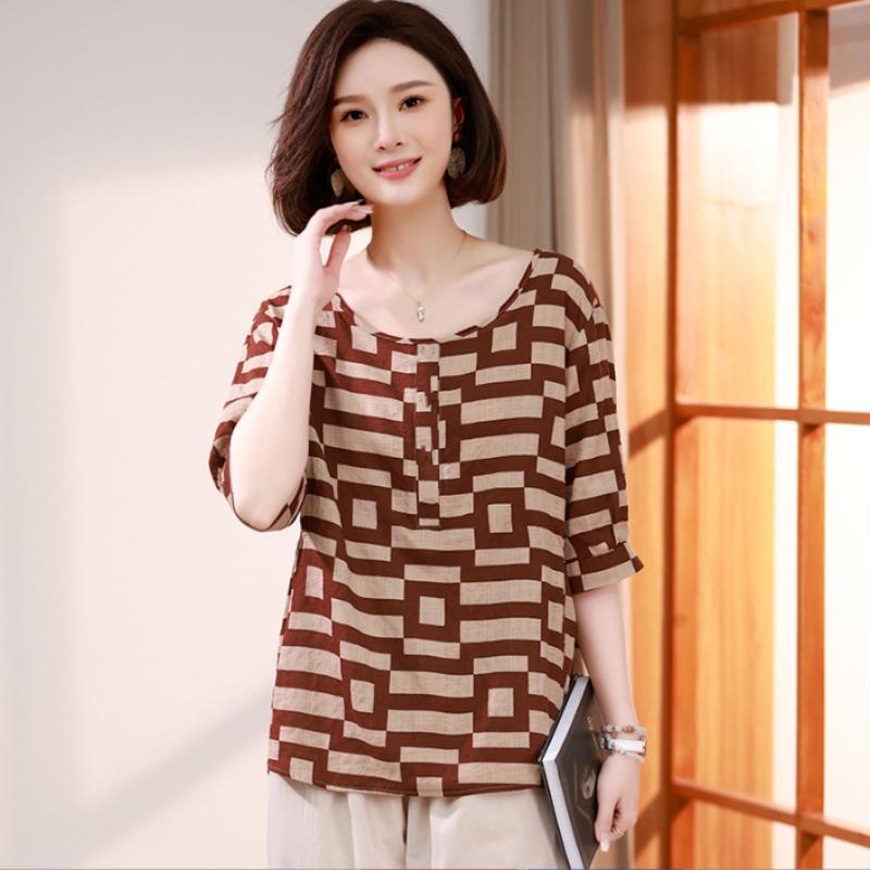 Retro Cotton and Linen Printed Half Sleeved T-shirt for Women's Elegant Summer Loose Fit Slimming and Western Style Fashion Top