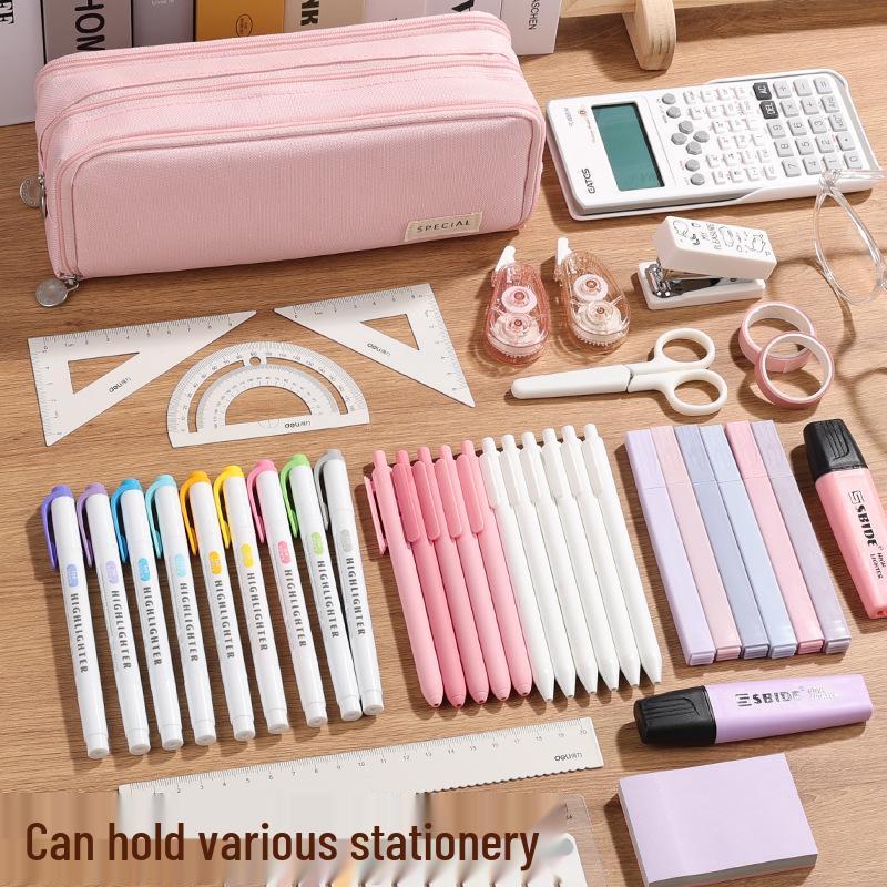 Large Capacity Three-Layer Zipper Pencil Case with 8 Pen Slots and 4 Inner Pockets in Oxford Cloth, Available in Multiple Colors