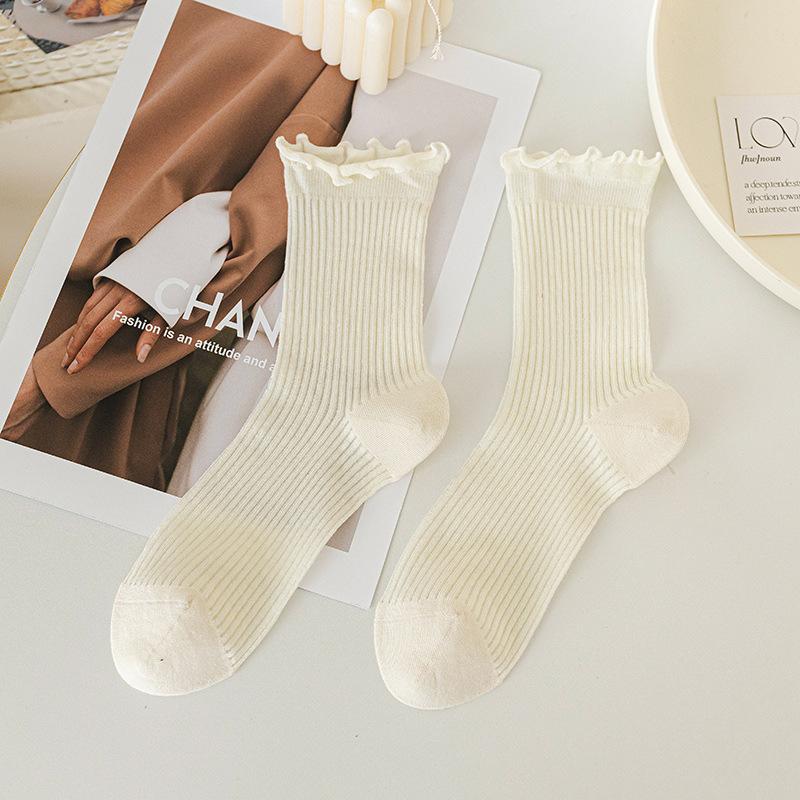 Ladies Summer Thin Wooden Ear Side Lovely Lace Vertical Bar Mesh Breathable Mid Tube Stack Socks