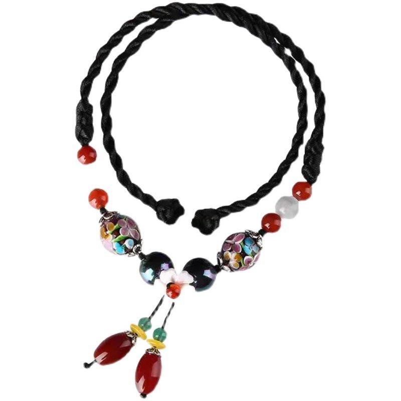 GEMCHIC Women's Ethnic Style Glass Flower Collarbone Necklace Handmade Braided Rope Choker Vintage Beaded Pendant Jewelry