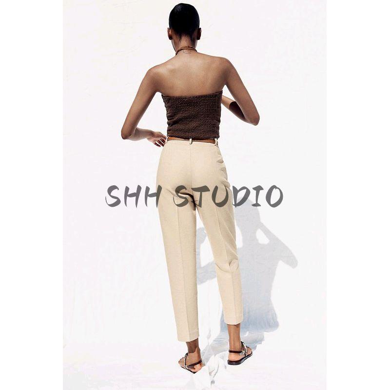 Summer New Product Women's Clothes French Style Design with Belt Vacation Style High Waist Ankle-Length Pants 8372124