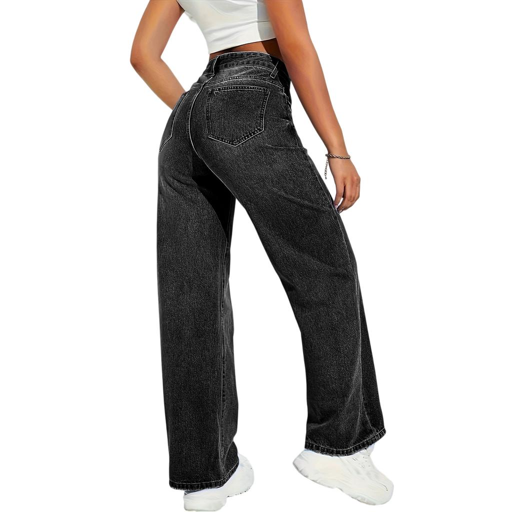Damen Jeans mit hoher Taille und gewaschener Optik, modische, vielseitige Hose mit geradem Bein
