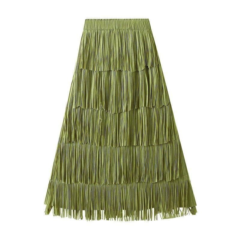Qooth Women Tassel Splicing Pleated Skirt Elegant Elastic Waist All Match A-line Long Skirt For Spring Summer QT2140