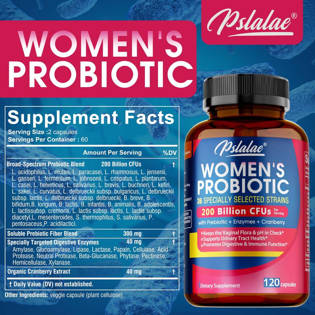 Women's Probiotic Capsules Provide 200 Billion CFU, Containing Prebiotics and Strains To Support Urinary Tract Health and Promote Digestion.