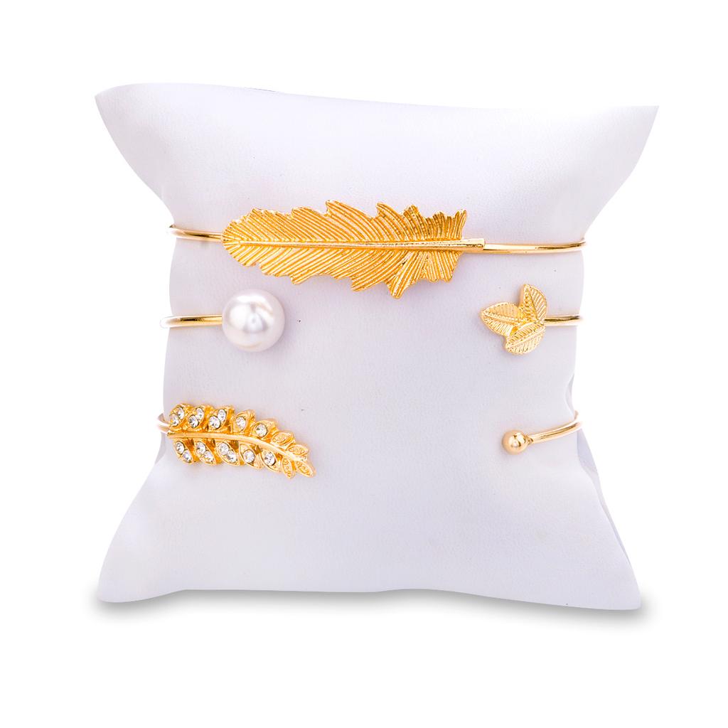 Satın alın 3Pcs/set Faux Pearl Ball Rhinestone Leaves Open Bracelet Set
