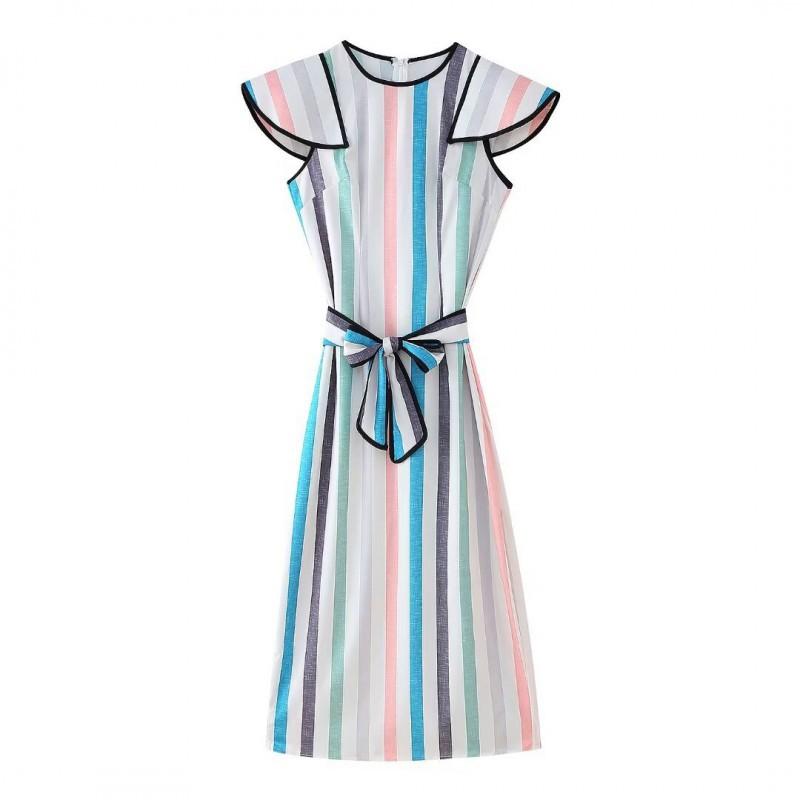 European American Women s Clothing Summer Fashion Stripe Sleeveless Belt Dress S