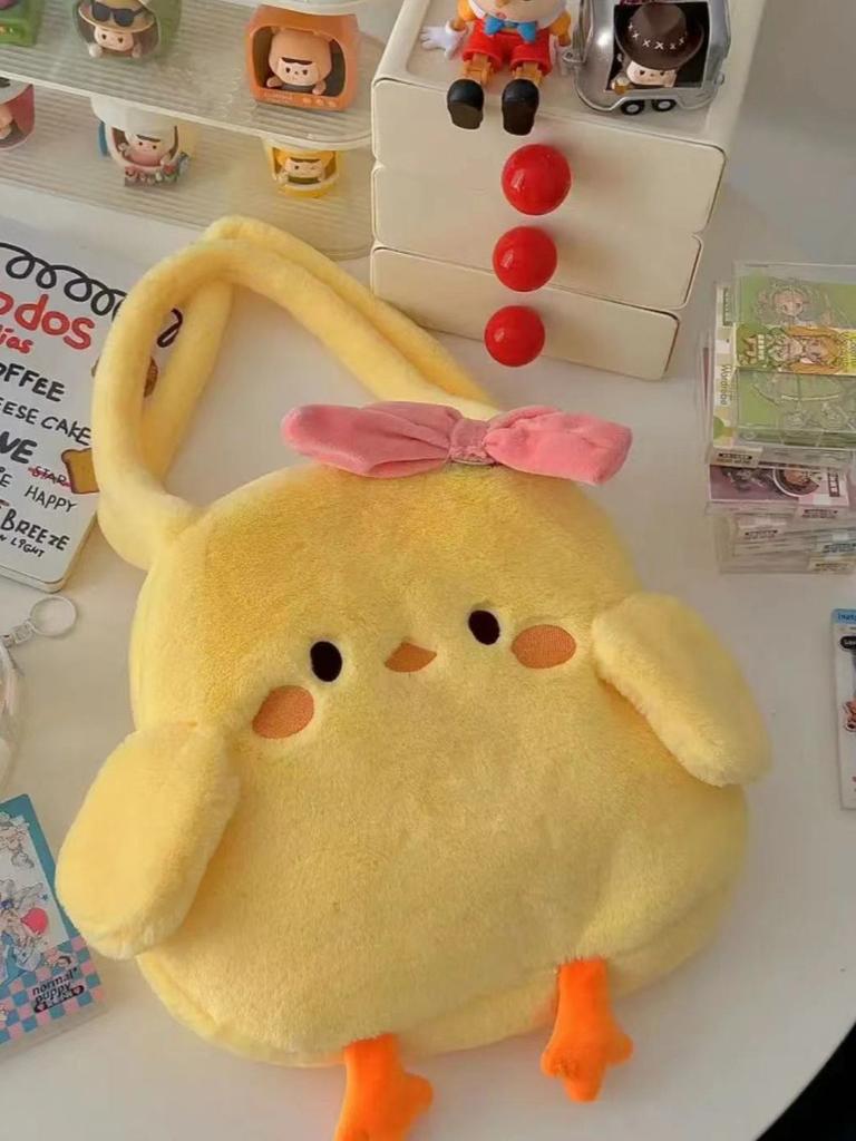 Small Plush Yellow Duck Handbag With Ruffled Bow For Daily Fashion And Casual Use