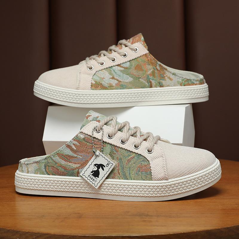 Canvas Men's Shoes Summer Trend Versatile One-pedal Breathable Casual Cloth Shoes Men's Heel-free Half-drag Men's Trendy Shoes