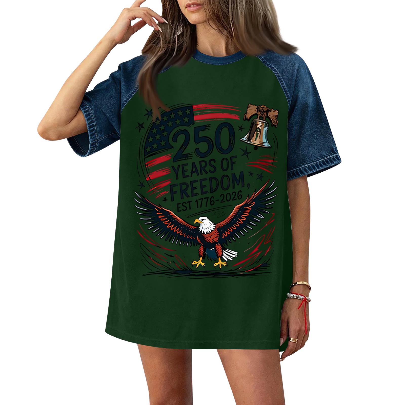 

Women s Casual Short Sleeve T-Shirt Independence Day Print Denim Patchwork Comfortable Loose Fit Top for Everyday Wear S