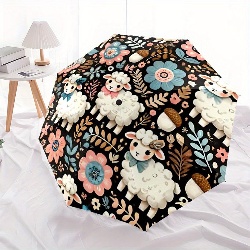 1pc Cute Sheep & Floral Pattern Automatic Open Close Umbrella - 8-Rib Windproof Portable Folding Umbrella with Durable Plastic