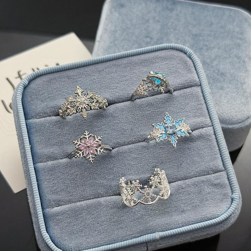 Winter Dream Sweet Cool Snowflake Color Diamond-Encrusted Zircon Enamel Open Ring Niche Premium Sense Stacked Ring Woman