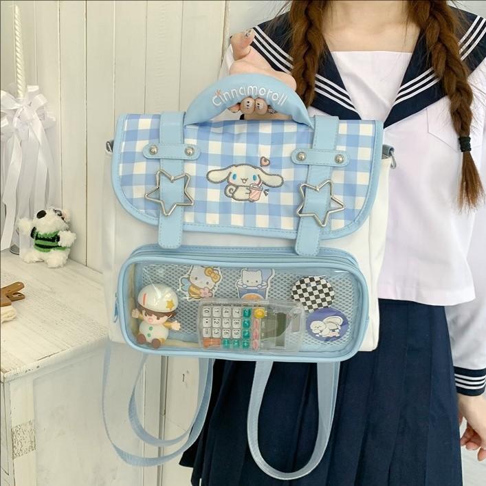 Cinnamoroll School Bag Blue Cartoon And Geometric Pattern For Daily Commuting