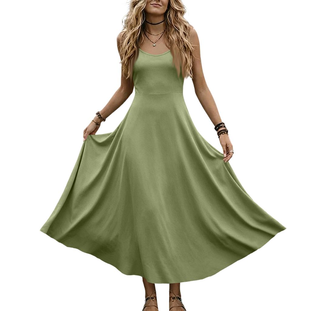 Women V Neck Sleeveless Long Dress Summer Spaghetti Strap Casual Loose Fit Maxi Dress Solid A Line Sundress