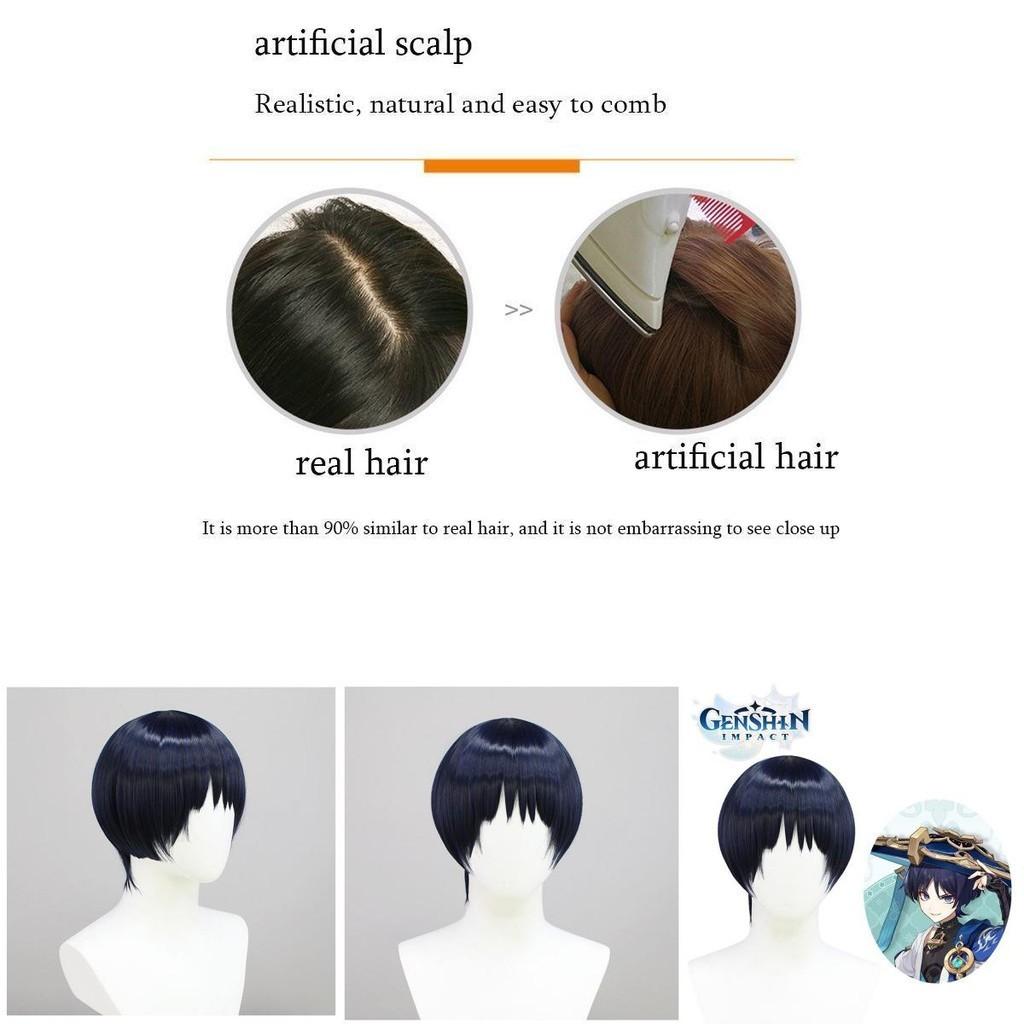 Genshin Impact Kunikuzushi Dunkelblau Cosplay Perücke Weiche Hochtemperaturfaser Verstellbare Passform Realistische Kopfhaut