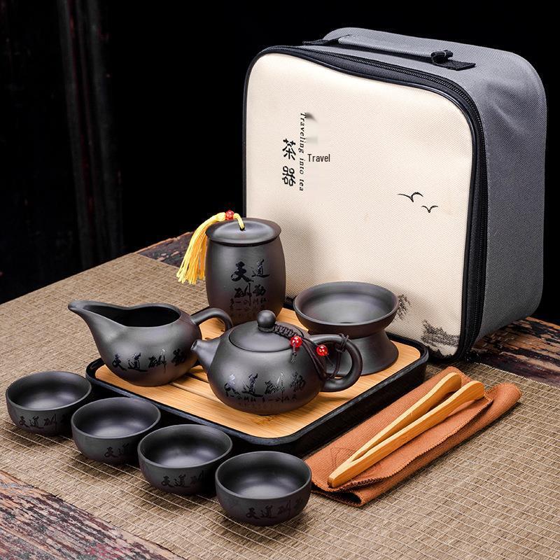 Creative Zisha Travel Kung Fu Tea Set: Portable Storage with One Pot and Four Cups - Ideal for Company Events and Gifts, Customizable with Logo.
