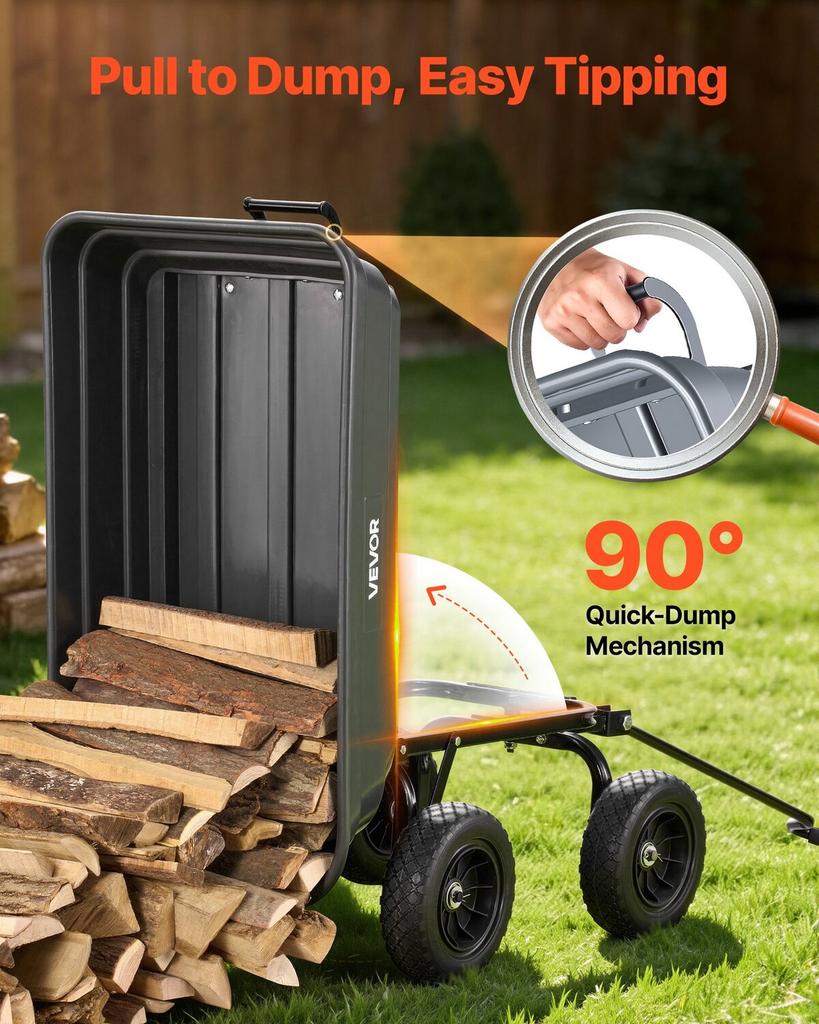 Garden Dump Cart, 272 kg Poly Dump Cart, Garden Carts Dumps Wagon with 90° Quick-Dumps Mechanism, 180° Swivel Wheels, 270° Flexible Rotating Bearings,