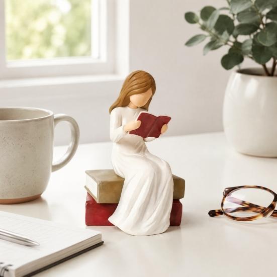 Modern Shelf Decoration Reading Girl Figurine, Hand-Painted Resin Sculpture for Bookshelf Decor, Small Ornament Entrance Faceless Woman Statue Office