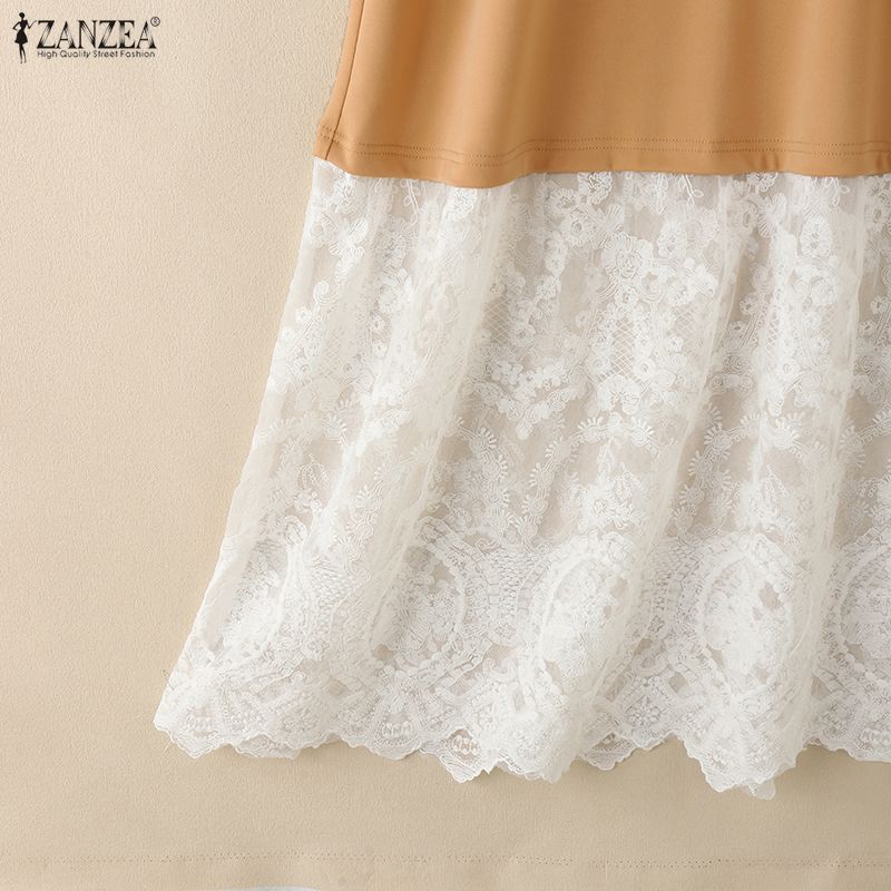 ZANZEA Women Summer Lace Splice Casual Round Neck Short Sleeve Dress