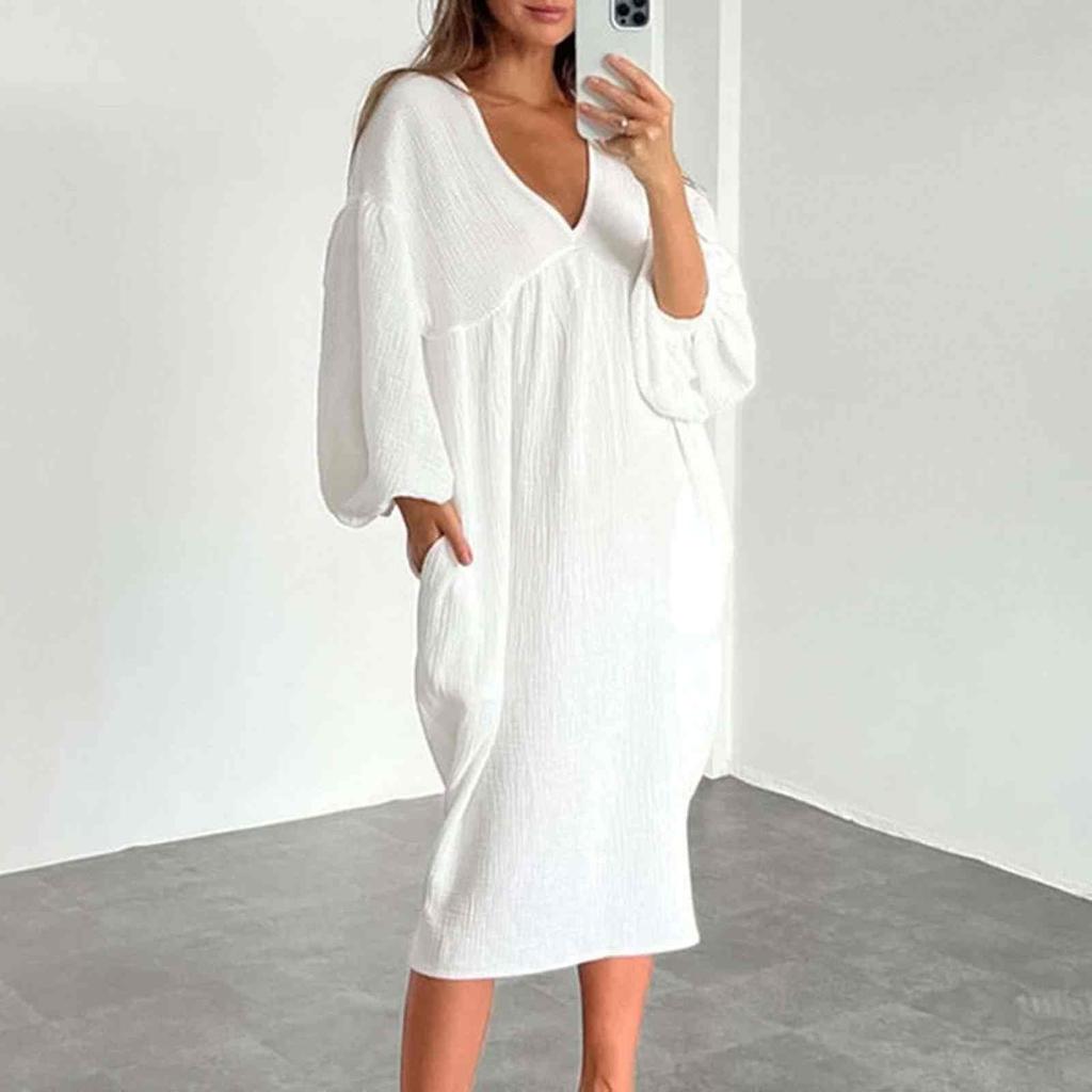 Dámské ležérní volnočasové jednobarevné šaty s kapsou, výstřihem do V a plisováním, s krátkým balónovým rukávem a dlouhým rukávem, bavlněné, elegantního střihu