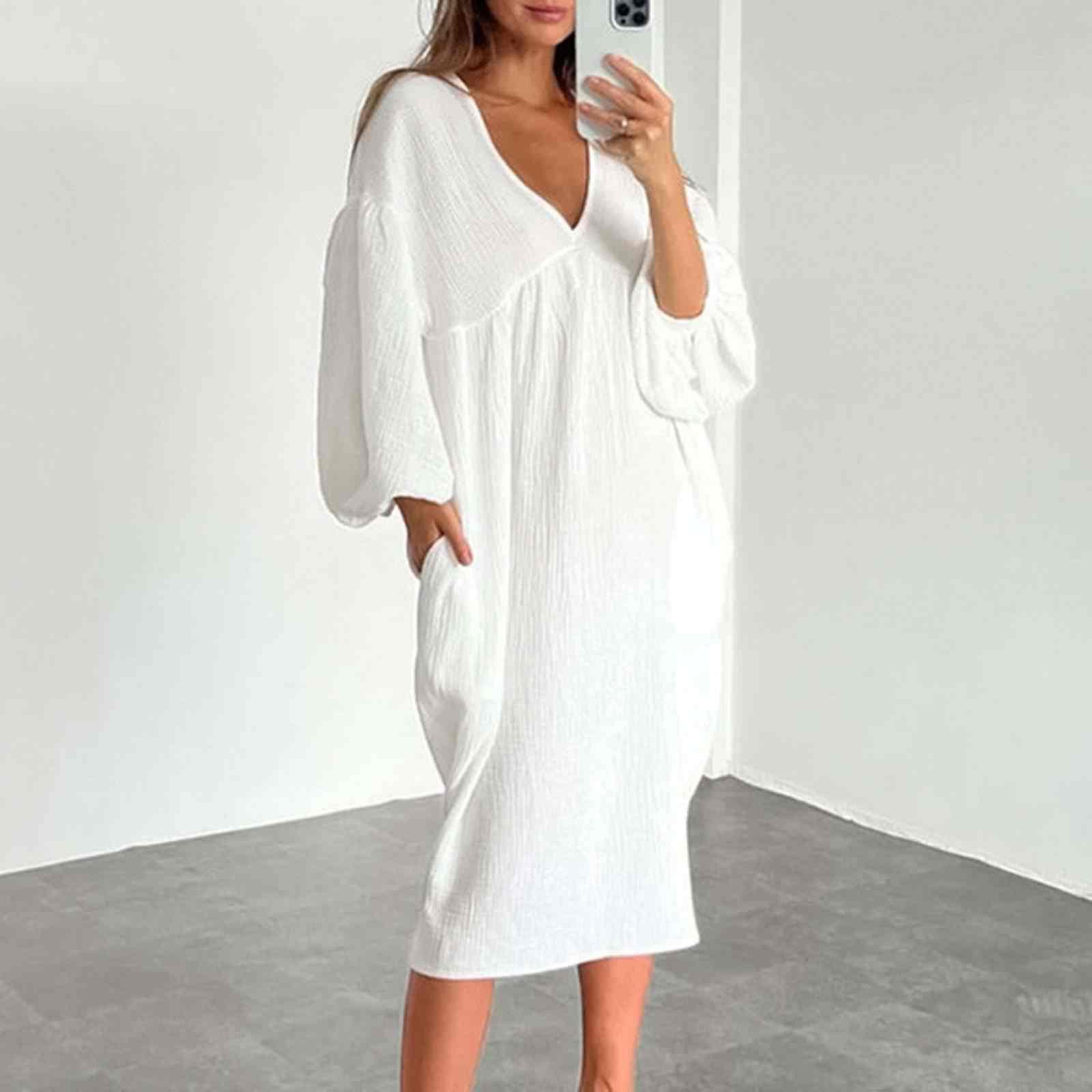 

Женское повседневное жилое однотонное плиссированное платье с карманами и v-образным вырезом, хлопковое нарядное платье с пышными рукавами и длинными рукавами XL белый