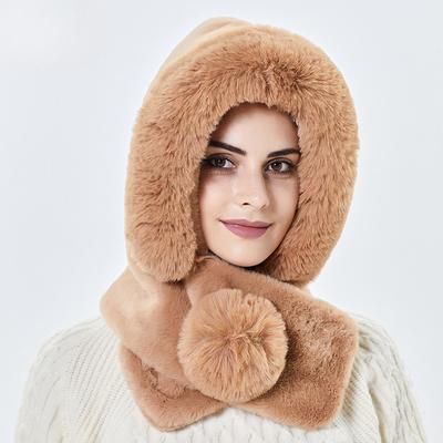 Women's Autumn and Winter Warm One Piece Plush Hat with Scarf Windproof Cycling Ear-protecting Hat with Neck Warmer