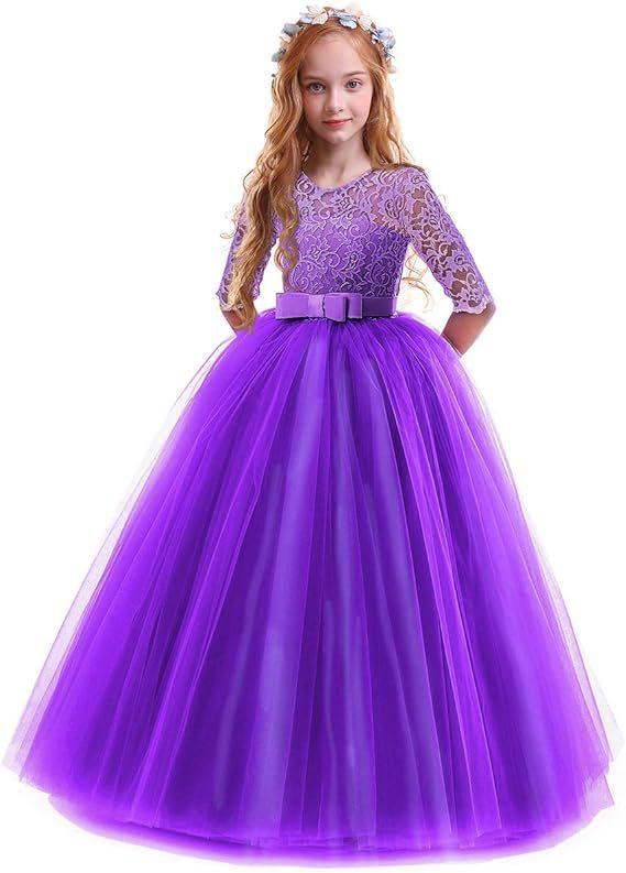 Girls Long Sleeve Flower Girl Wedding Dress Princess Gown