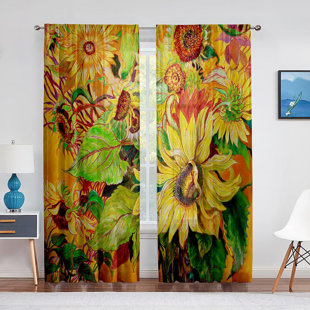 Sonnenblume Transparenter Voile Vorhang Ölgemälde Kunst Thema Bedruckte Chiffon Tüll Vorhänge für Wohnzimmer Schlafzimmer Küchendekoration
