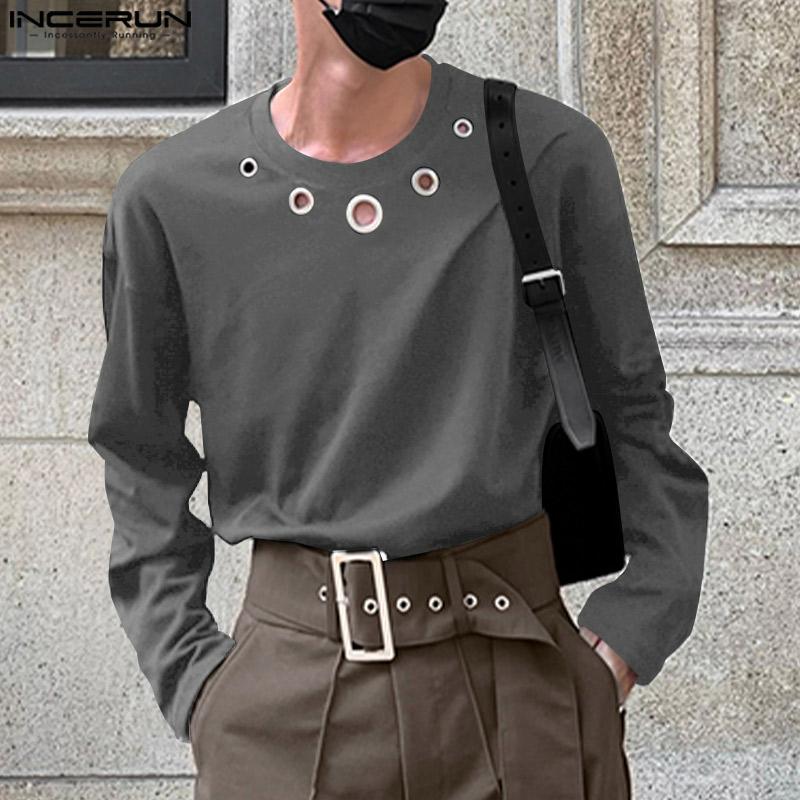 

INCERUN Весенние мужские однотонные топы с длинными рукавами и круглым вырезом