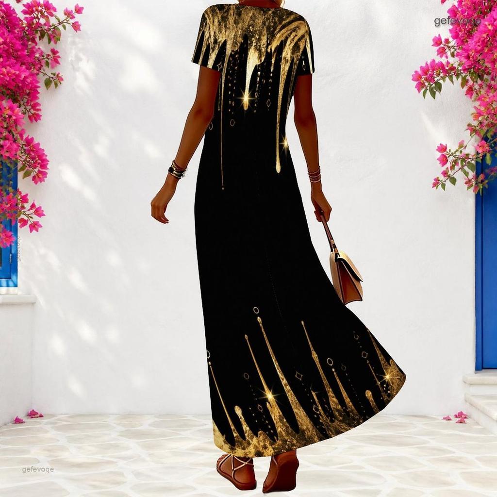 Women Plus Size V Neck Short Sleeve Printed Light Purple Maxi Dress