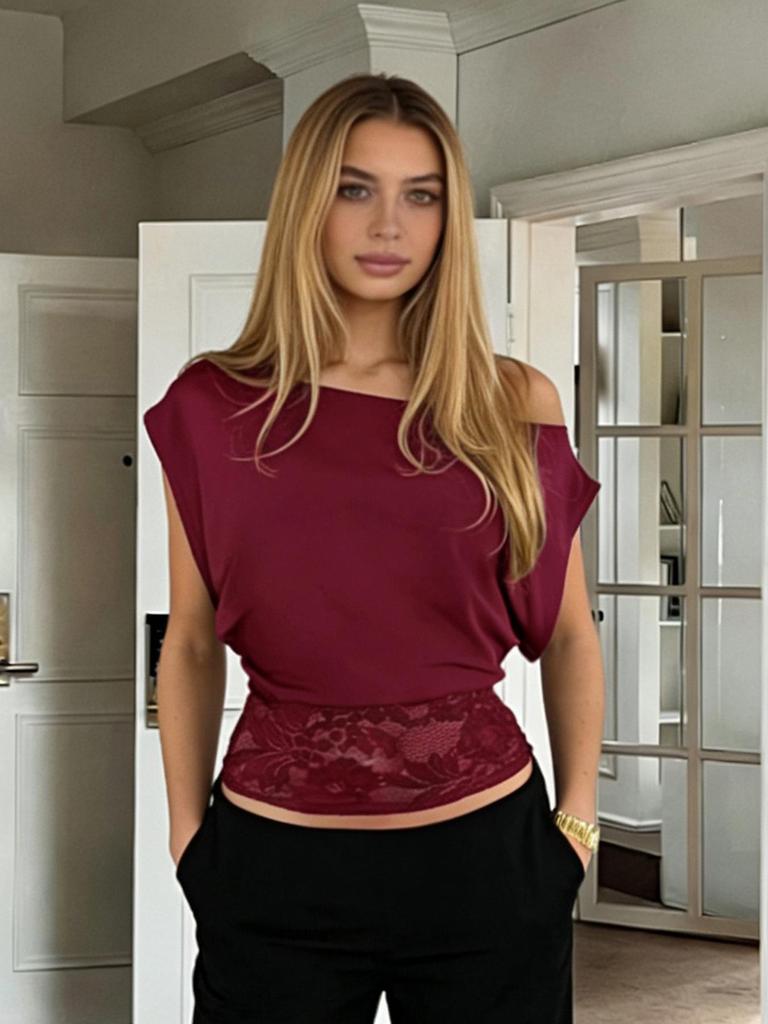 European Elegant Off-Shoulder Lace Patchwork Cropped Top - Slim-Fit Women's Style, Short-Sleeved.