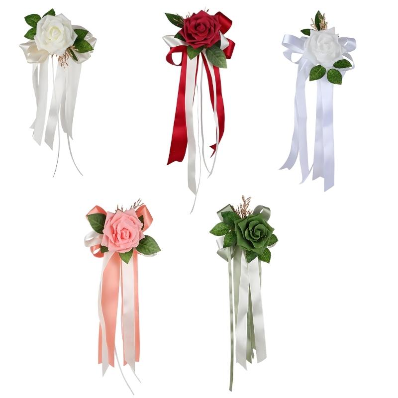 Wedding Rose Ornament for Car Use, Faux Rose Ribbon Accent for Engagement Signs, Party Tables, and Home Display