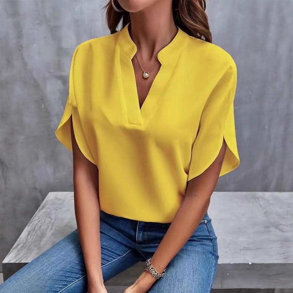 2025 Sommer Damen Casual Einfarbig V-Ausschnitt Lockeres Hemd