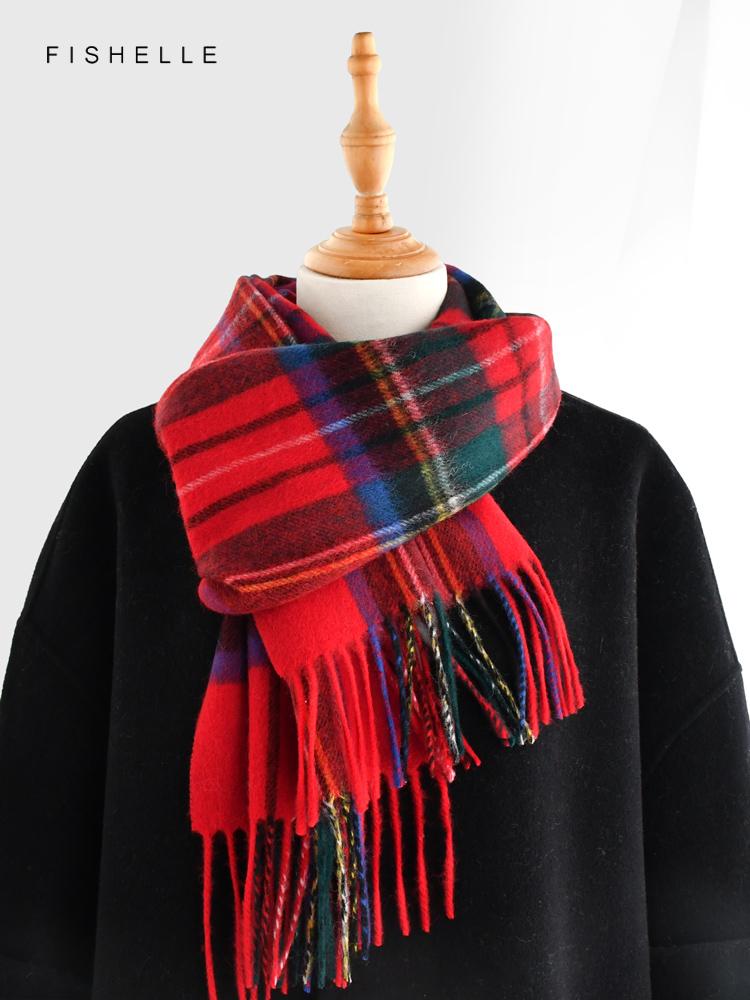 Red Plaid 100% Wool Scarf Autumn Winter for Women's Wraps Soft Warm Men Scarves Shawl Thin Lady Luxury Gifts British Style