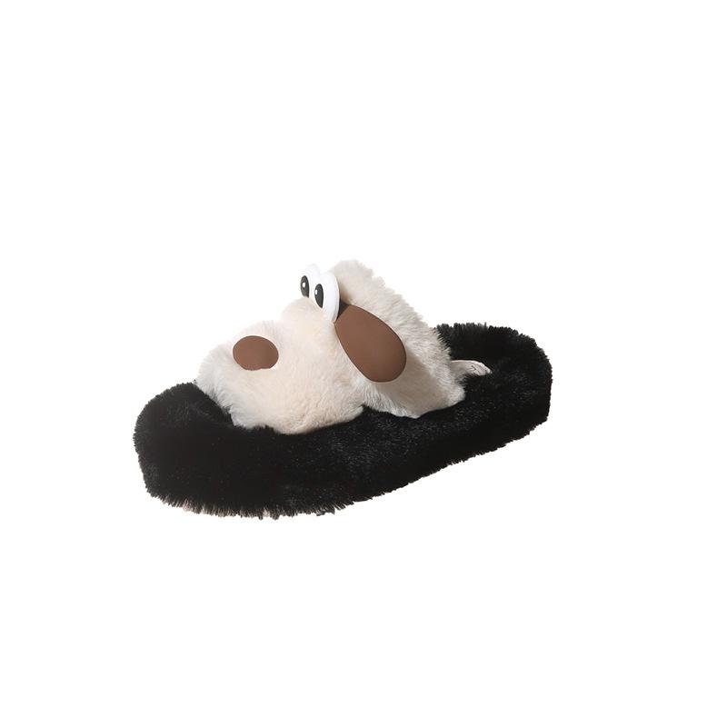 Internet celebrity cartoon cute big-eyed dog fluffy slippers female 2025 autumn and winter new thick-bottomed versatile comfortable one-word cotton m