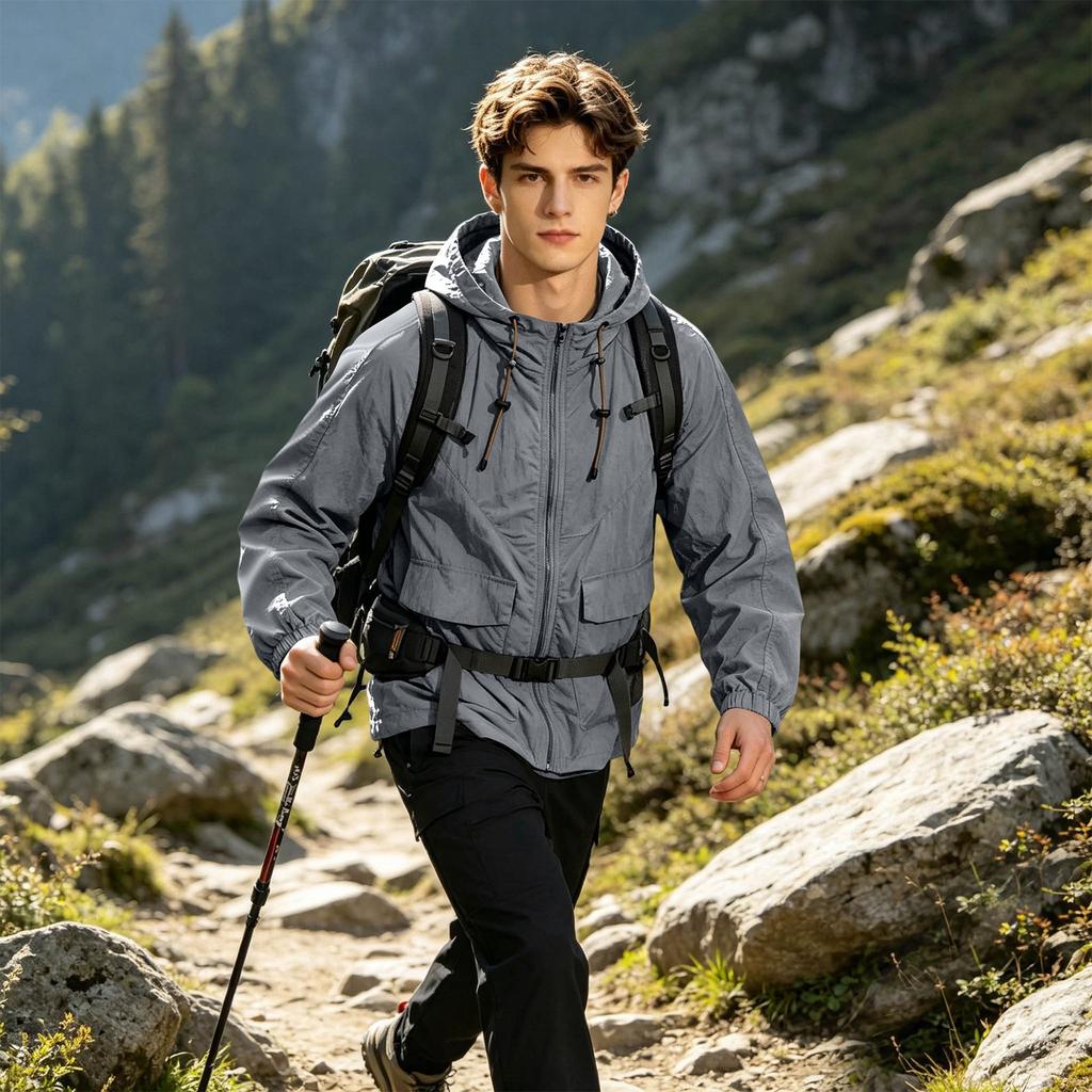 Men's Lightweight Sun Protection Jacket Breathable Outdoor Skin Coat with Hood Full Zip Front and Multiple Pockets for Sports and Casual Wear